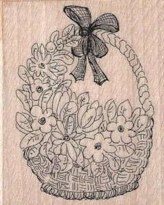 FLOWER BOUQUET Basket Bow RUBBER STAMP Wood Mounted FLORAL Blossom Spring Image - Picture 1 of 1