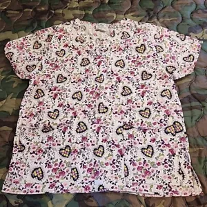 Crest Cottons Women's Scrub Top Size Large Flowers & Hearts - Picture 1 of 7