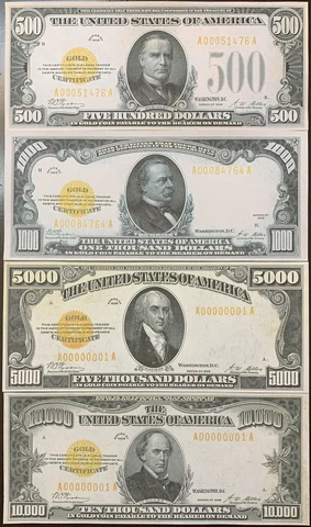 Reproduction Set 1928 Gold Certificates $500, $1000, $5000, $10,000 High Denom Cover