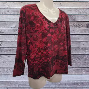 Biyaycda - Women's XL Crop Top Red/Black Floral V-neck 3/4 Sleeves Stretch - Picture 1 of 6
