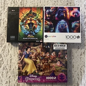 Lot Of 3 Puzzles Thor Ragnarock 500, Neon Fauna 1000, Disney Princess 1000 READ - Picture 1 of 6