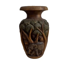 Hand Carved Wooden Vase With Elephants & Trees Vintage Double Sided Vessel - Picture 1 of 14