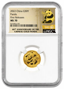 2022 China 3 g Gold Panda ¥50 Coin NGC MS70 FR Panda Gold 40th Anniversary