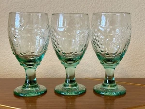 3 Libbey Orchard Fruit Green Glass Goblets Embossed Raised Fruits 7" - Picture 1 of 4