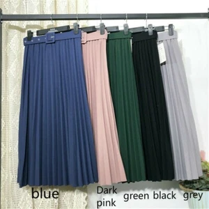 Lady Pleated Mid Skirt Elegant Solid Color High Waist 9 Colors with Belt - Picture 1 of 21