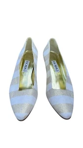 Decolte vintage Escada oro metallizzato e crema a righe oro tacco grosso 7,5B. MACCHIE - Foto 1 di 15