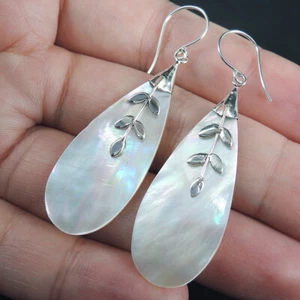 Pendientes largos de plata de ley 925 con forma de lágrima madreperla, MOPE-72 - Imagen 1 de 6