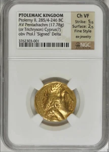  Ptolemaic Kingdom, Ptolemy II 285/4-246 BC Gold AV Pentadrachm, Trichryson  NGC - Picture 1 of 2