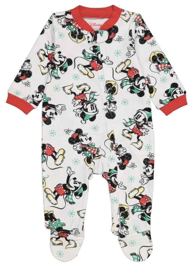 Disney Mickey Minnie Mouse Christmas Winter Footed Jumpsuit Zip 0-3 Months