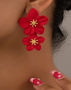 Red Flower Stud Earrings Drop Flowers Wedding Prom Bridal Vacation Cruise BOHO - Picture 1 of 6