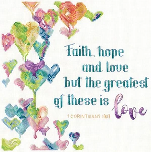 Cross Stitch Kit Design Works Faith, Hope & Love Hearts Biblical Saying #DW3429 - Picture 1 of 4