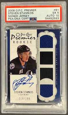 2008 O.P.C Steven Stamkos Signed Jersey Rookie Card EX 5 AUTO 10 119/299 - Image 1 of 2