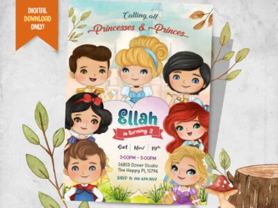 Princess DIGITAL Invite + FREE Thank You Card, Princess Party Card - YOU PRINT - Image 1 of 2