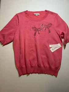 NWT Nanette Lepore Jewel Bow Short Sleeve Knit Sweater, Fuschia Rose, Large - Picture 1 of 10