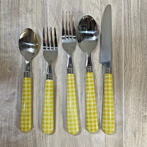 Vintage gelbes Gingham Besteck 40-teiliges Set Retro Picknick Outdoor Messer Gabeln Löffel - Bild 1 von 8