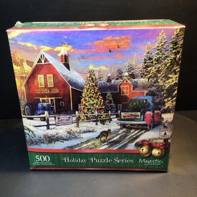 NEW Majestic Puzzles Holiday Puzzle Series Red Barn Tree Farm 500 Pc Puzzle - Image 1 of 4