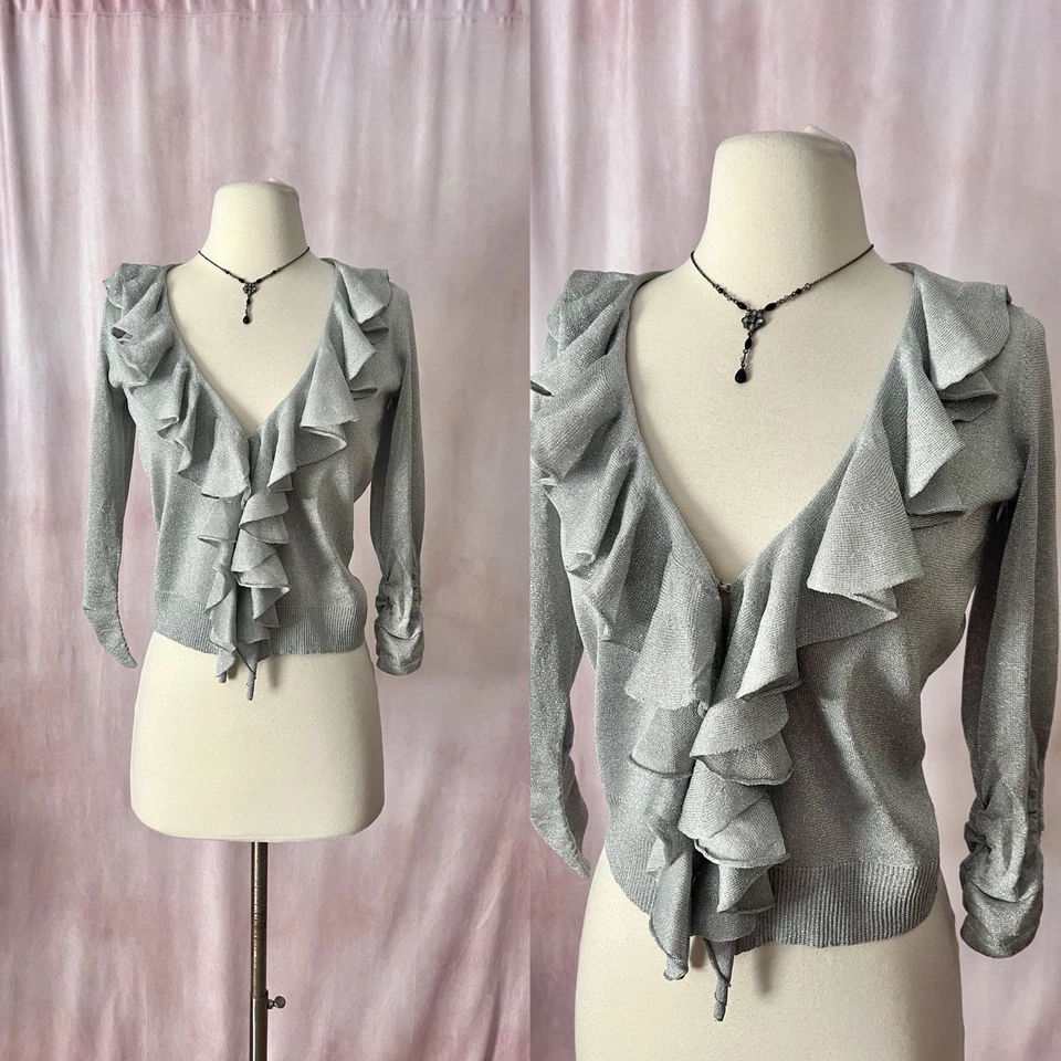 Cárdigan vintage Y2K 90s INC XS plateado metálico con volantes recortado noche de hadas Foto 1 de 4