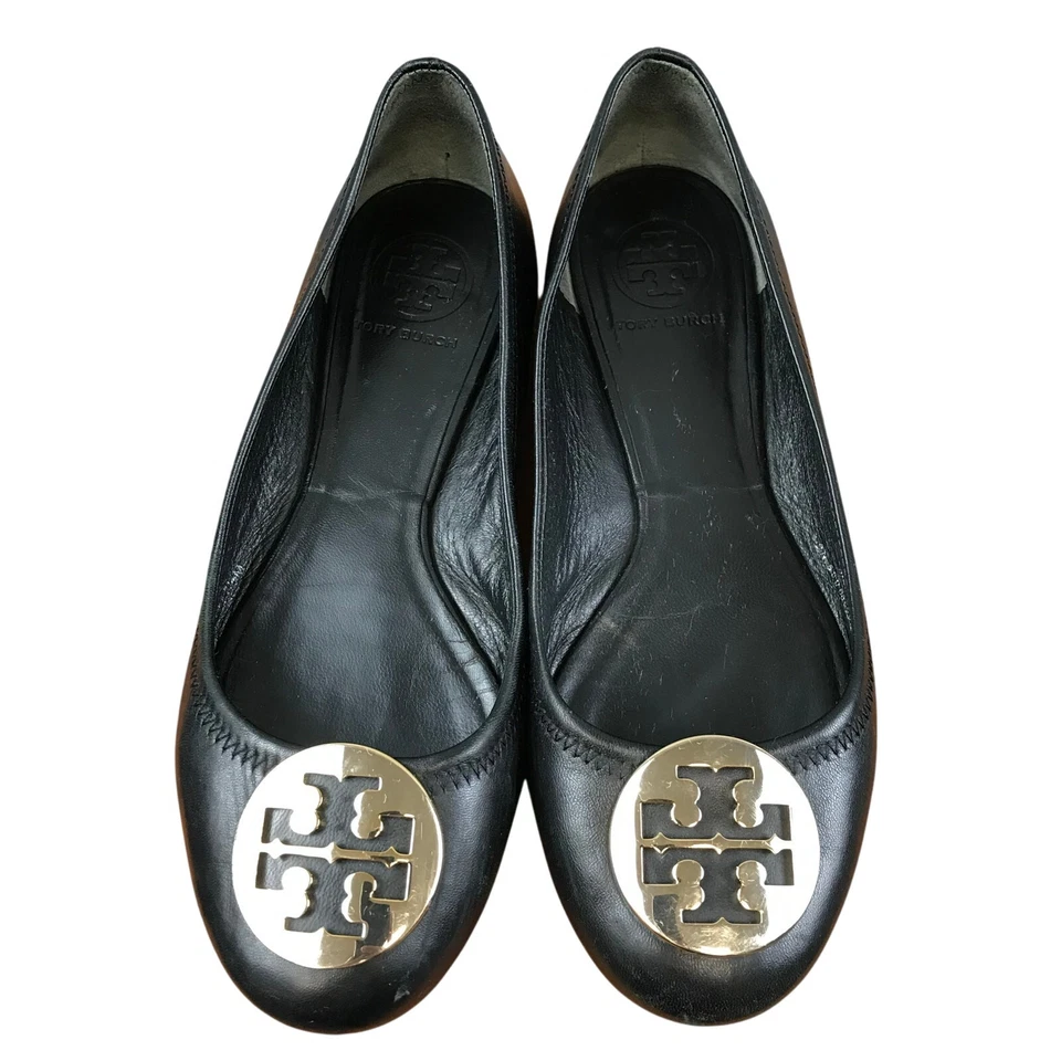 Pisos de ballet Tory Burch Reva de cuero negro plateados talla 7,5 Foto 1 de 4