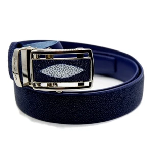 Nuova cintura EXSOOTTI blu vera pelle ray metallo fibbia automatica 1,5 x 45 pollici. - Foto 1 di 8