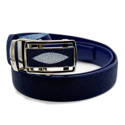 New EXSOOTTI Blue Real Ray Leather Skin Metal Auto Buckle Belt 1.5 x 45 inch. - Image 1 of 4