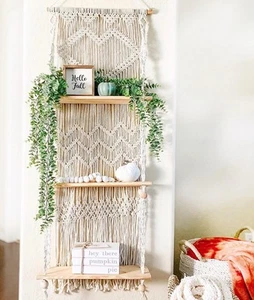 Macrame Wall Hanging Shelf - 3 Tier Wall Plant Hanger Shelves with Handmade W... - Picture 1 of 9