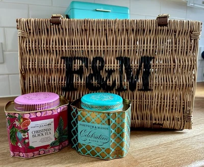 Fortnum and Mason Wicker Rectangle Picnic Basket / Hamper with 2 Empty Tins  - Image 1 of 4