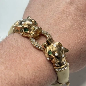 J. Crew Panther Leopard Jaguar Green Eyes Gold Tone Rhinestone Hinge Bracelet - Picture 1 of 10