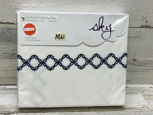 Sky Embroidered Percale Twin Duvet Cover & Sham Set White / Navy Blue New - Picture 1 of 4