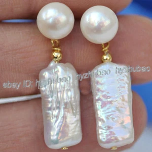 Genuino Natural Blanco Barroco Rectángulo Dens Biwa Perla Cuelga Oro Arete - Imagen 1 de 4