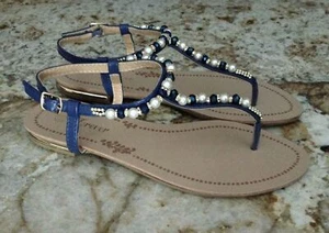 FOREVER Mariposa Blue White Gold Beaded Thong T Strap Sandals Womens Sz 6.5 7.5 - Picture 1 of 6