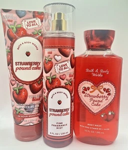Bath & Body Works STRAWBERRY POUND CAKE Spray Mist, Body Cream & Body Wash 3 PC - Picture 1 of 1