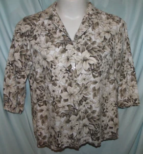 Cathy Daniels Collared 3/4 Slv Button Up Shirt Blouse Brown Floral Women's L - Picture 1 of 4