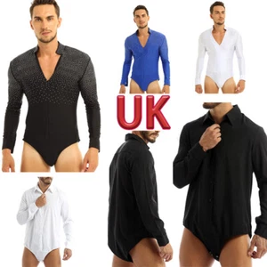 UK Men's Latin Dance Shirts Bodysuit Long SleeveStand Collar Zipper Gym Leotards - Picture 1 of 66