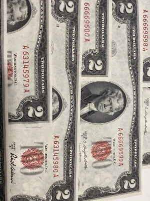 1953A&B 2 Sets 5 consecutive $2 Bills# 66669600 Trinary & Laddar 63145978/0 UNC！ - Image 1 of 3