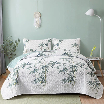 Ультрамягкий комплект покрывал стеганые зеленые листья 3 штуки покрывало кровать наволочки - Изображение 1 из 4