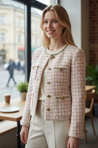 Blazer para mujer pastel tweed bouclé rosa verde cuadros botones dorados S–XL - Imagen 1 de 7