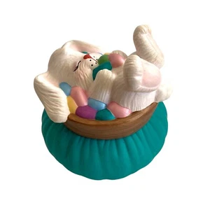 Easter Bunny Holding Colorful Eggs Lying on the Lid Atop a Bowl. Hobbyist Piece - Picture 1 of 9