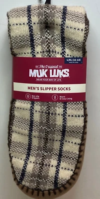 Meias chinelo masculinas Muk Luks cáqui xadrez antiderrapante quente e aconchegante L/X-L 11-13 - Imagem 1 de 2
