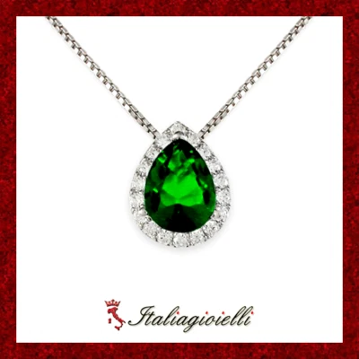 Fiabesca Collana Goccia tipo Smeraldo in Argento 925 Rodiato Oro - Immagine 1 di 4