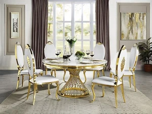 NEW Modern Dining Round Marble & Gold Metal Base Table & White Chairs Set INAQ - Picture 1 of 5