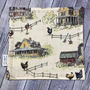 EDC HANK W/MICROFIBER BACK 8” - CHICKENS ON FARM THEME HANDKERCHIEF - Picture 1 of 3