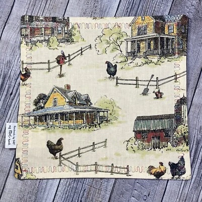 EDC HANK W/MICROFIBER BACK 8” - CHICKENS ON FARM THEME HANDKERCHIEF - Image 1 of 3
