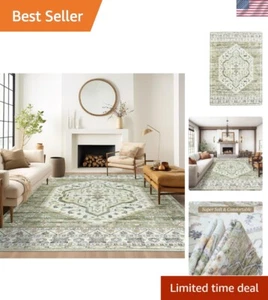Comfortable Green Floral 5x7 Area Rug with Non-Slip Backing - Perfect for Home - Picture 1 of 9