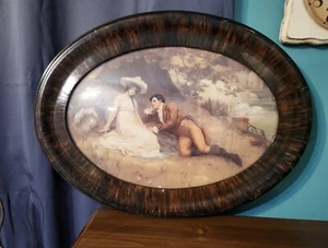 Vintage konvex Luftblasenglas & ovaler Kunstrahmen - Picknick für Frau & Mann - Bild 1 von 7