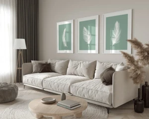Set Of 3 White Feathers on Sage Green Line Art Feather Wall Art Home Decor - Bild 1 von 3