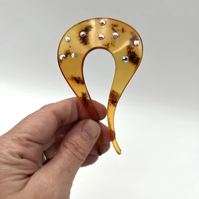 Art Deco 1920s 1930s Amber Tortoise Celluloid Lucite Hair Comb Fork Rhinestones - Image 1 of 4