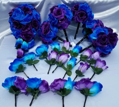 22 PC Wedding Bouquet Package, Purple & Blue & Black, Cascading Wedding Bouquet - Image 1 of 4
