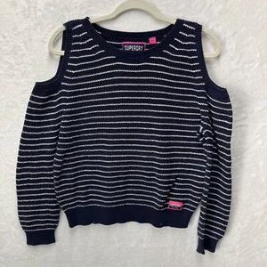 Superdry Ribbed Cold Shoulder Knit Sweater Top Womens Large Navy White Striped - Picture 1 of 8