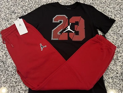 NWT NIKE AIR JORDAN BOY'S 2 PC SET BLACK SHORT SLEEVE & RED JOGGERS L (12-13) - Image 1 of 4