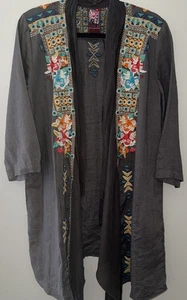 Johnny Was JWLA Gray/Tan Embroidered 100% Linen Kimono Jacket Size Large Boho - Picture 1 of 9